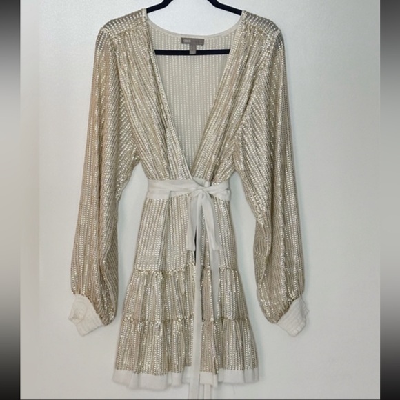 ASOS Champagne Gold/Platinum Metallic Sequins Belted Long Sleeve Wrap Dress - Picture 4 of 15